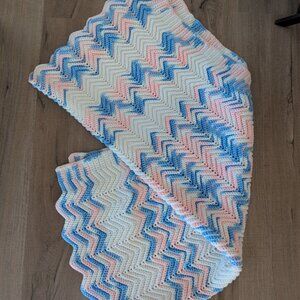 Handmade Vintage Crochet Afghan Blanket Throw Pink Blue White
